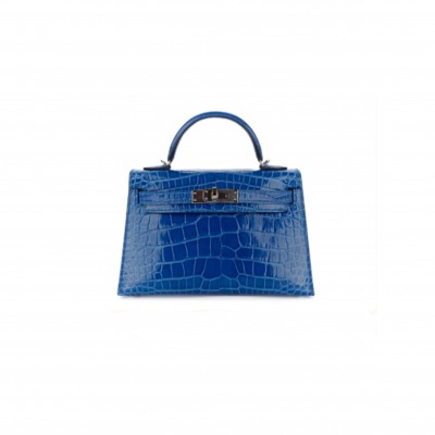 HERMÈS MASTER MINI KELLY II BLUE ZELLIGE I7 NILOTICUS CROCODILE SHINY (19*12*5.5cm) 